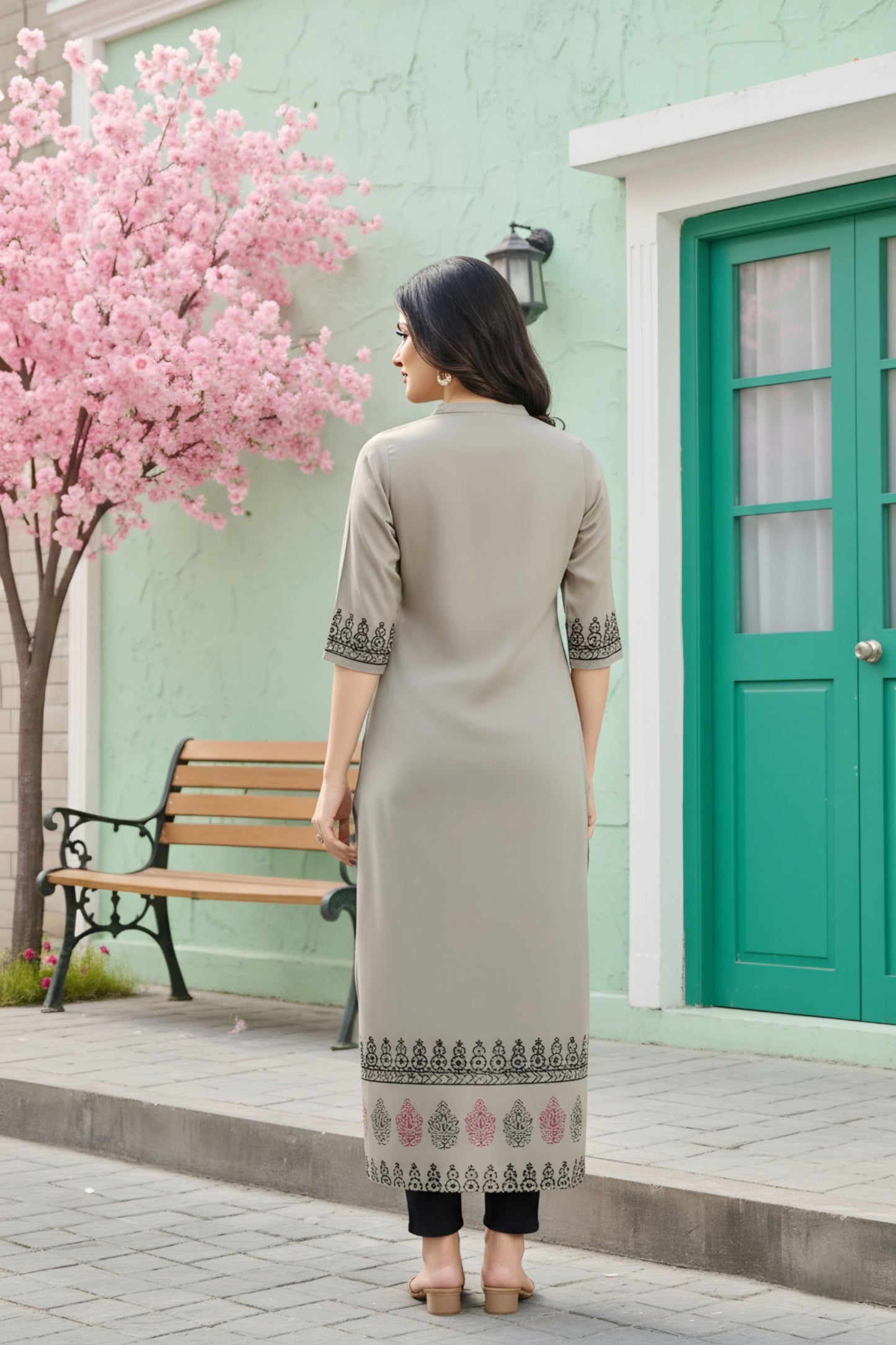 Grey Cotton Silk Block Print Long Kurta For Women