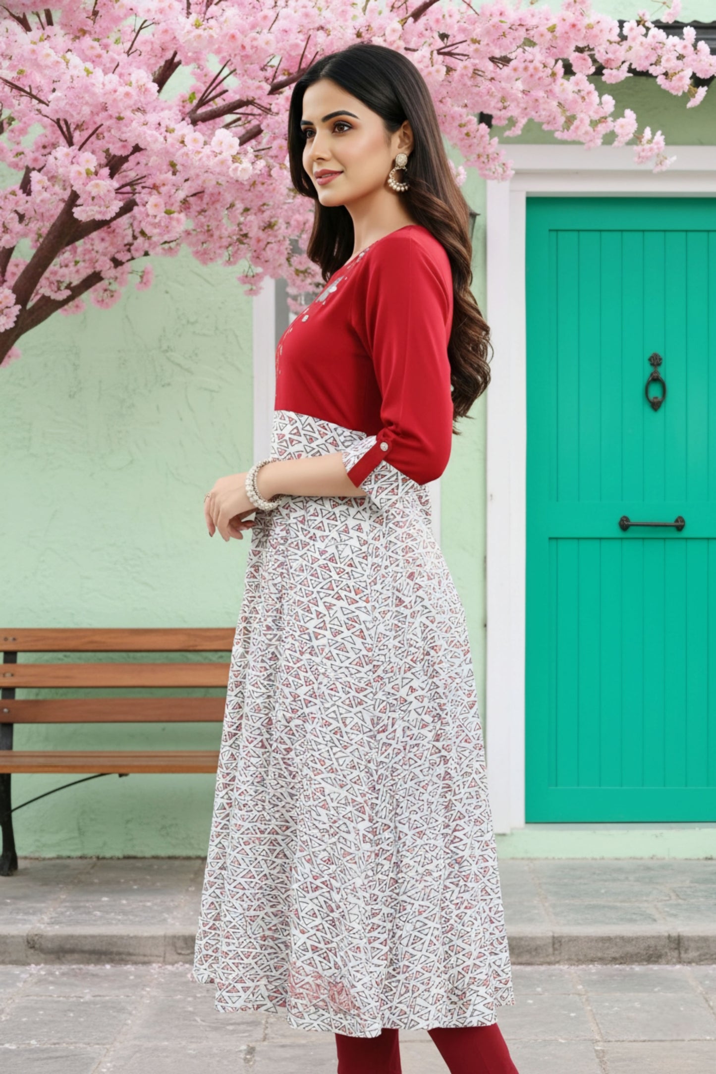 Magnificent Maroon Rayon Printed Flared Long Tunic with Floral Embroidery