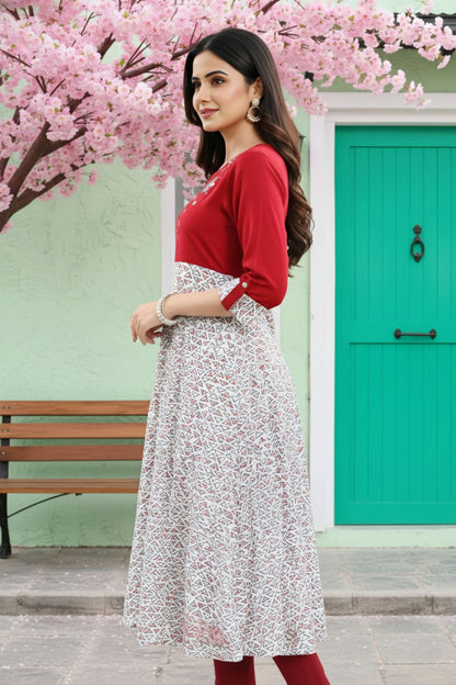 Magnificent Maroon Rayon Printed Flared Long Tunic with Floral Embroidery