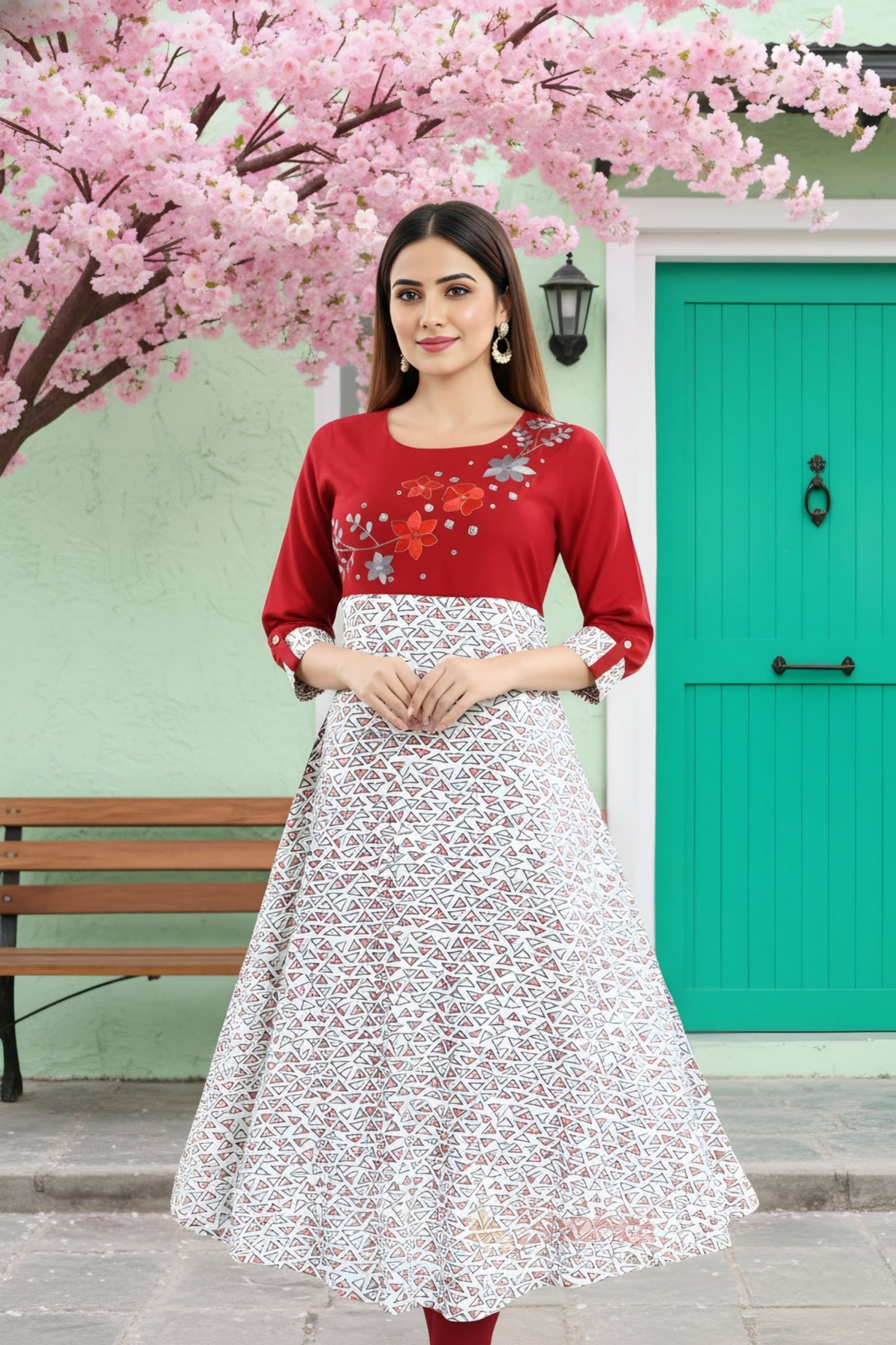 Magnificent Maroon Rayon Printed Flared Long Tunic with Floral Embroidery