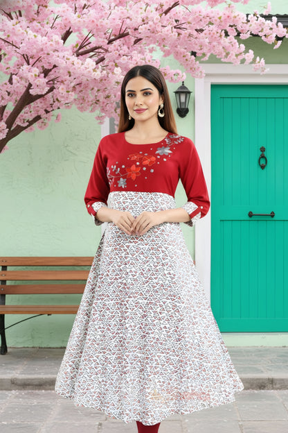 Magnificent Maroon Rayon Printed Flared Long Tunic with Floral Embroidery