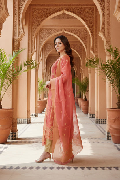 Maroon Banarasi Chanderi Handwoven Women Three Piece Long Kurta Set