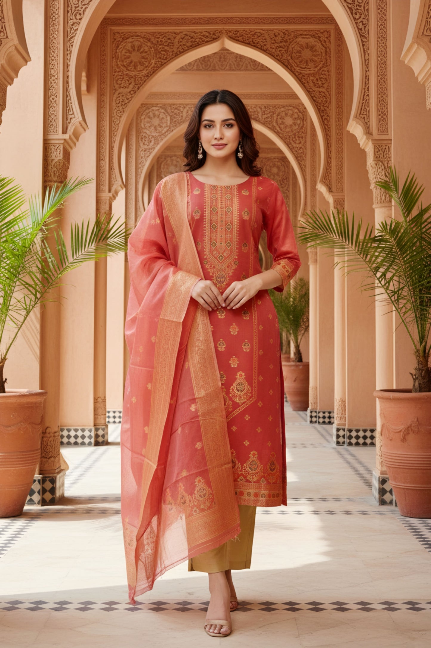 Maroon Banarasi Chanderi Handwoven Women Three Piece Long Kurta Set