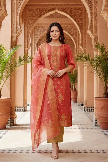 Maroon Banarasi Chanderi Handwoven Women Three Piece Long Kurta Set