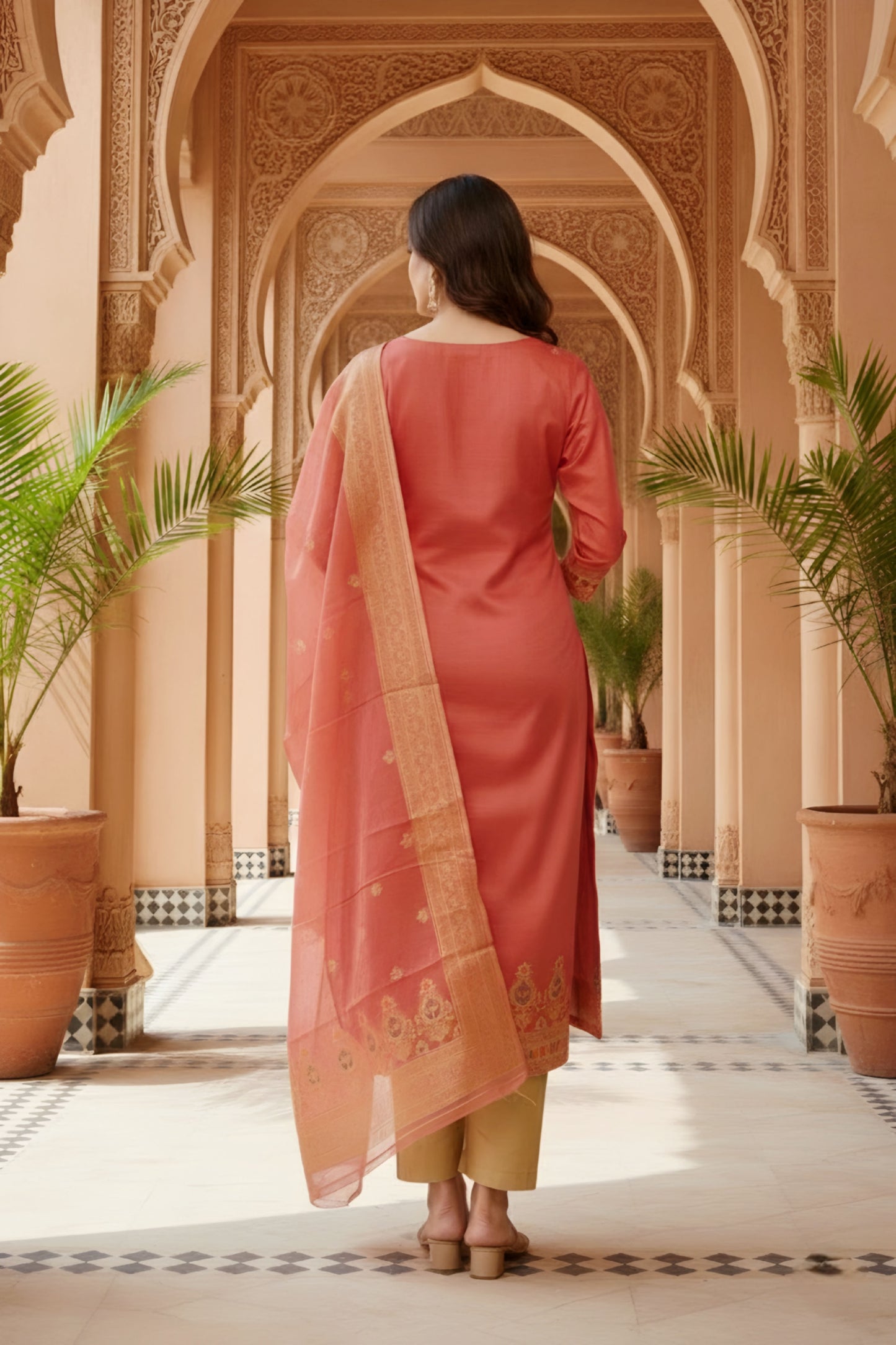 Maroon Banarasi Chanderi Handwoven Women Three Piece Long Kurta Set