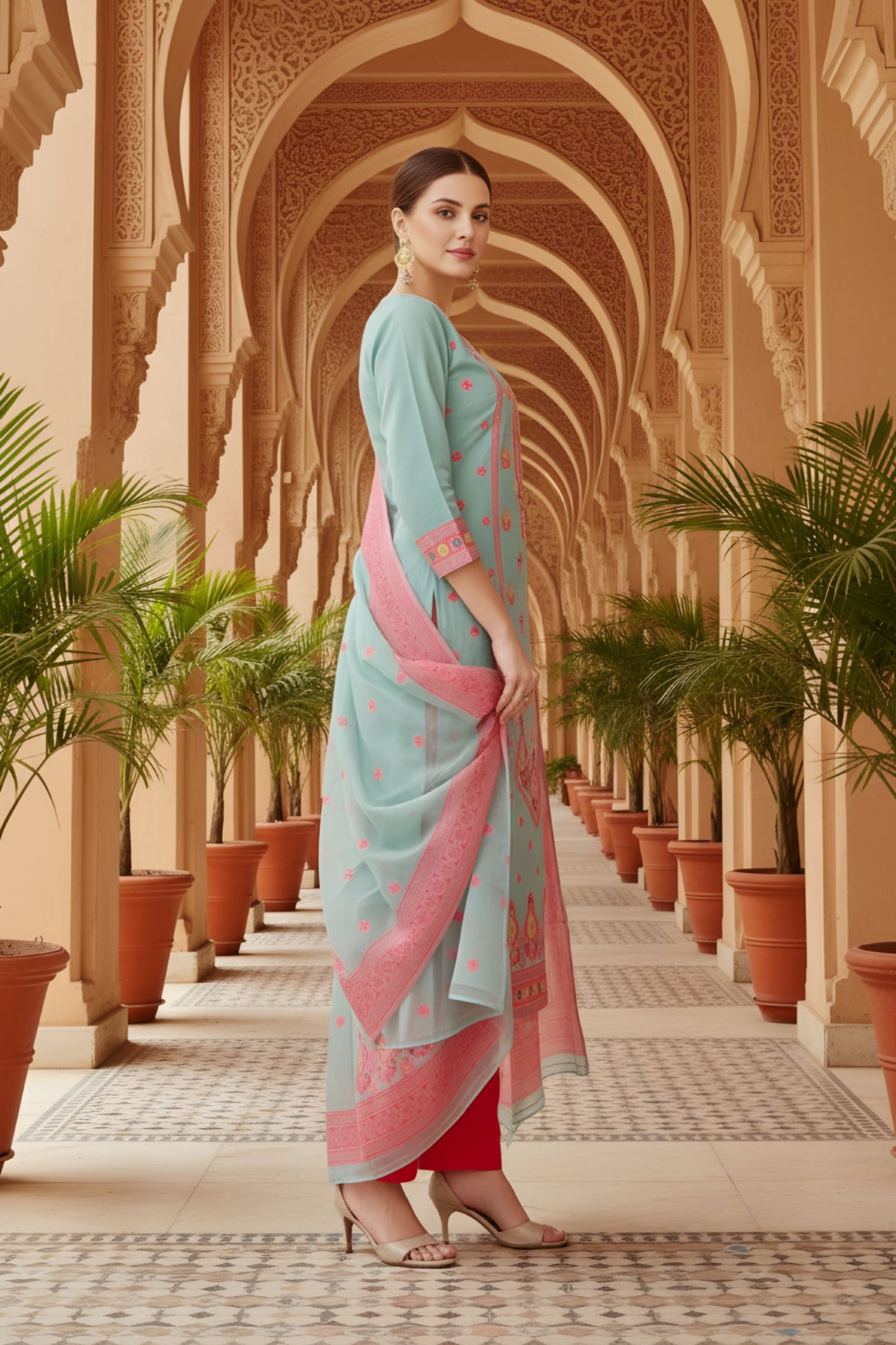 Blue Banarasi Chanderi Handwoven Women Three Piece Long Kurta Set