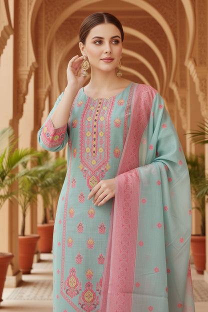Blue Banarasi Chanderi Handwoven Women Three Piece Long Kurta Set