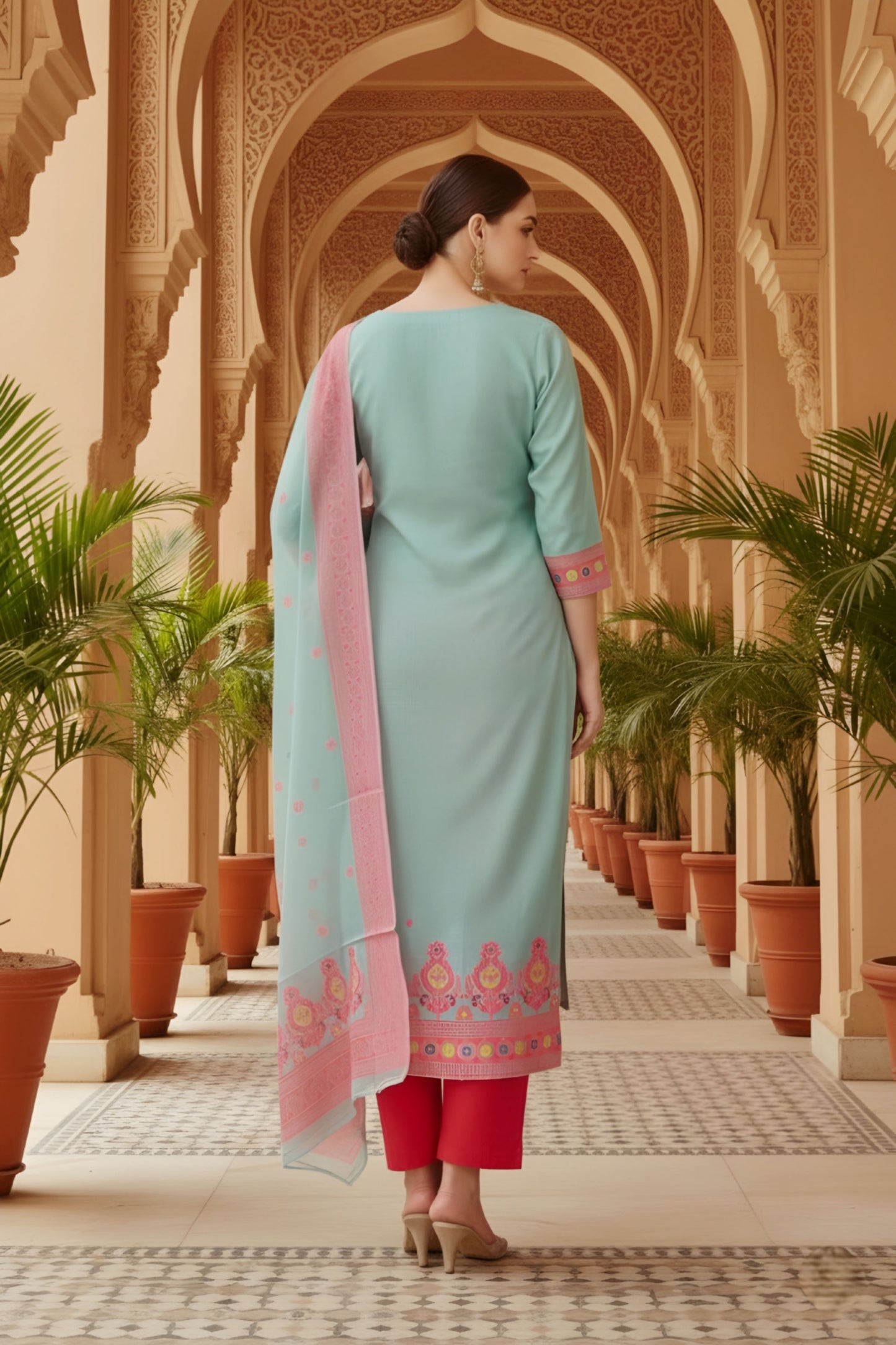 Blue Banarasi Chanderi Handwoven Women Three Piece Long Kurta Set