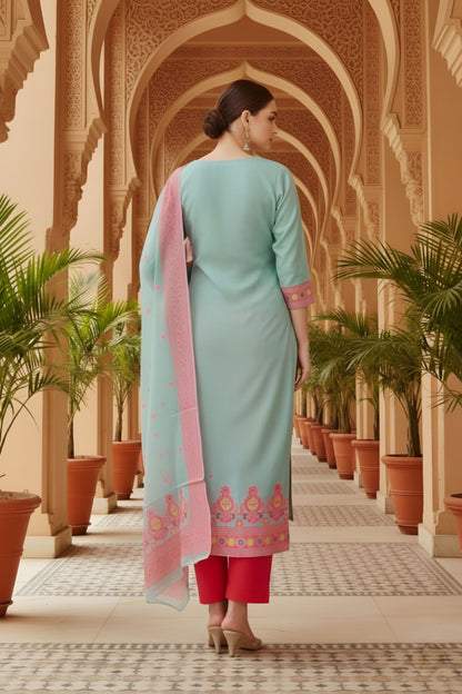 Blue Banarasi Chanderi Handwoven Women Three Piece Long Kurta Set