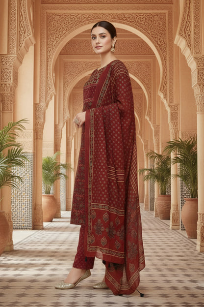 Maroon Jaipuri Print Cotton Kurta Pant Dupatta 3PC Set for Women