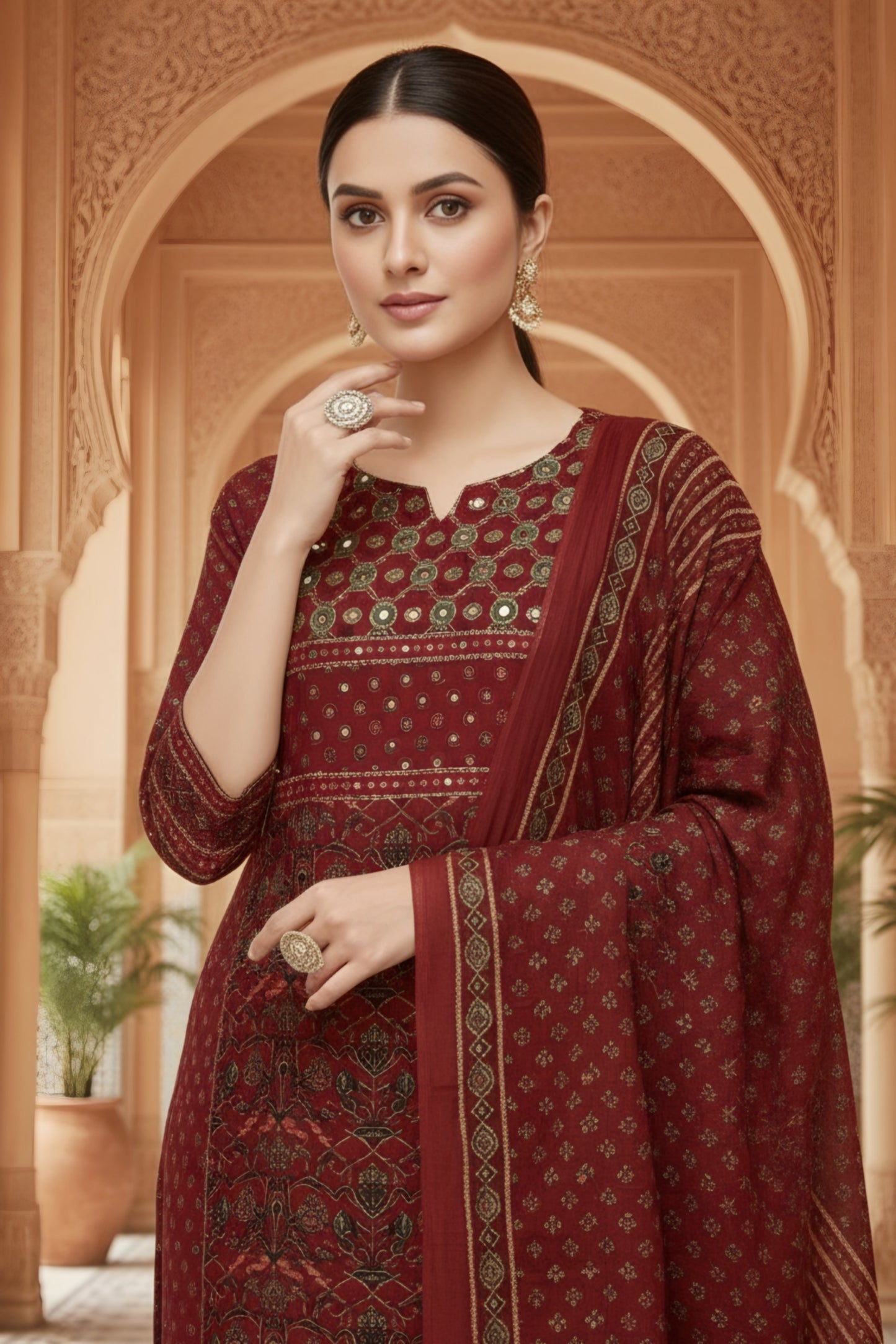 Maroon Jaipuri Print Cotton Kurta Pant Dupatta 3PC Set for Women