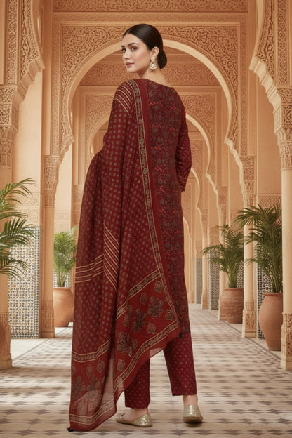 Maroon Jaipuri Print Cotton Kurta Pant Dupatta 3PC Set for Women