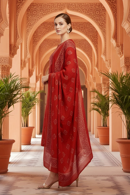 Rust Jaipuri Print Cotton 3 Piece Suit Set With Dupatta For Women