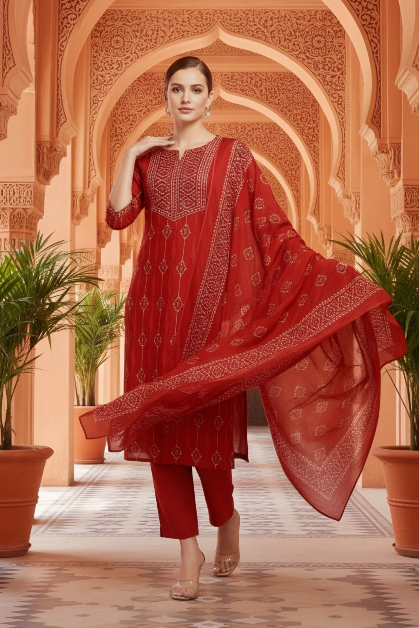 Rust Jaipuri Print Cotton 3 Piece Suit Set With Dupatta For Women
