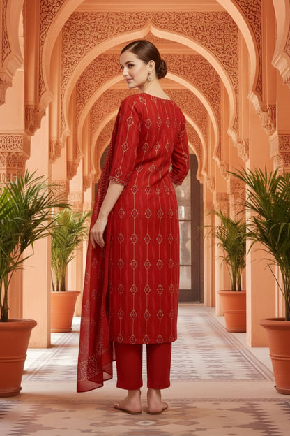 Rust Jaipuri Print Cotton 3 Piece Suit Set With Dupatta For Women