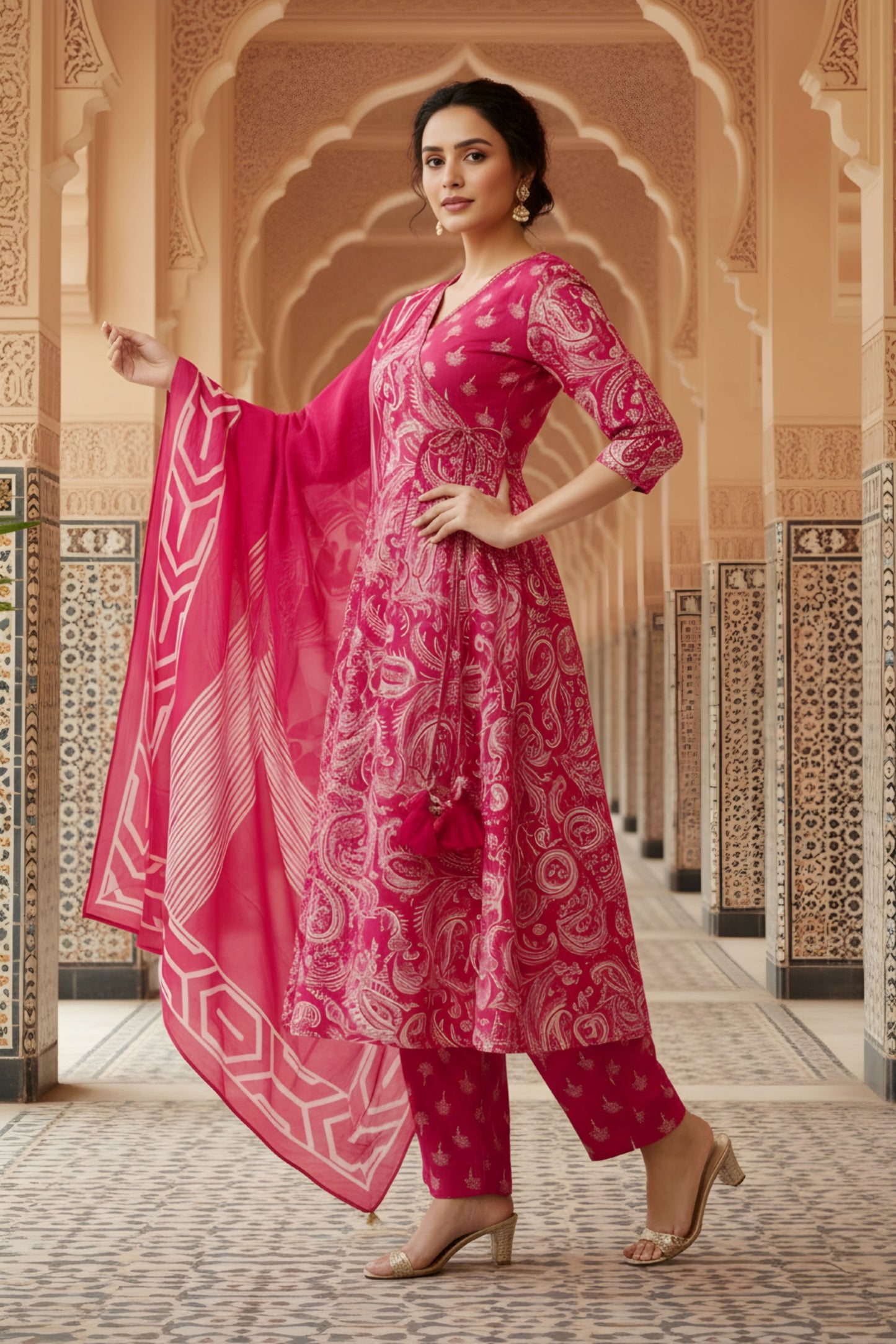Pink Jaipuri Print Cotton Flared 3 Piece Suit Set with Dupatta for Women