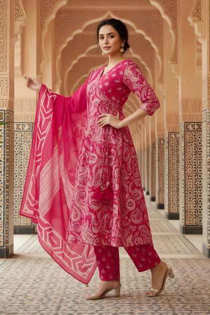Pink Jaipuri Print Cotton Flared 3 Piece Suit Set with Dupatta for Women