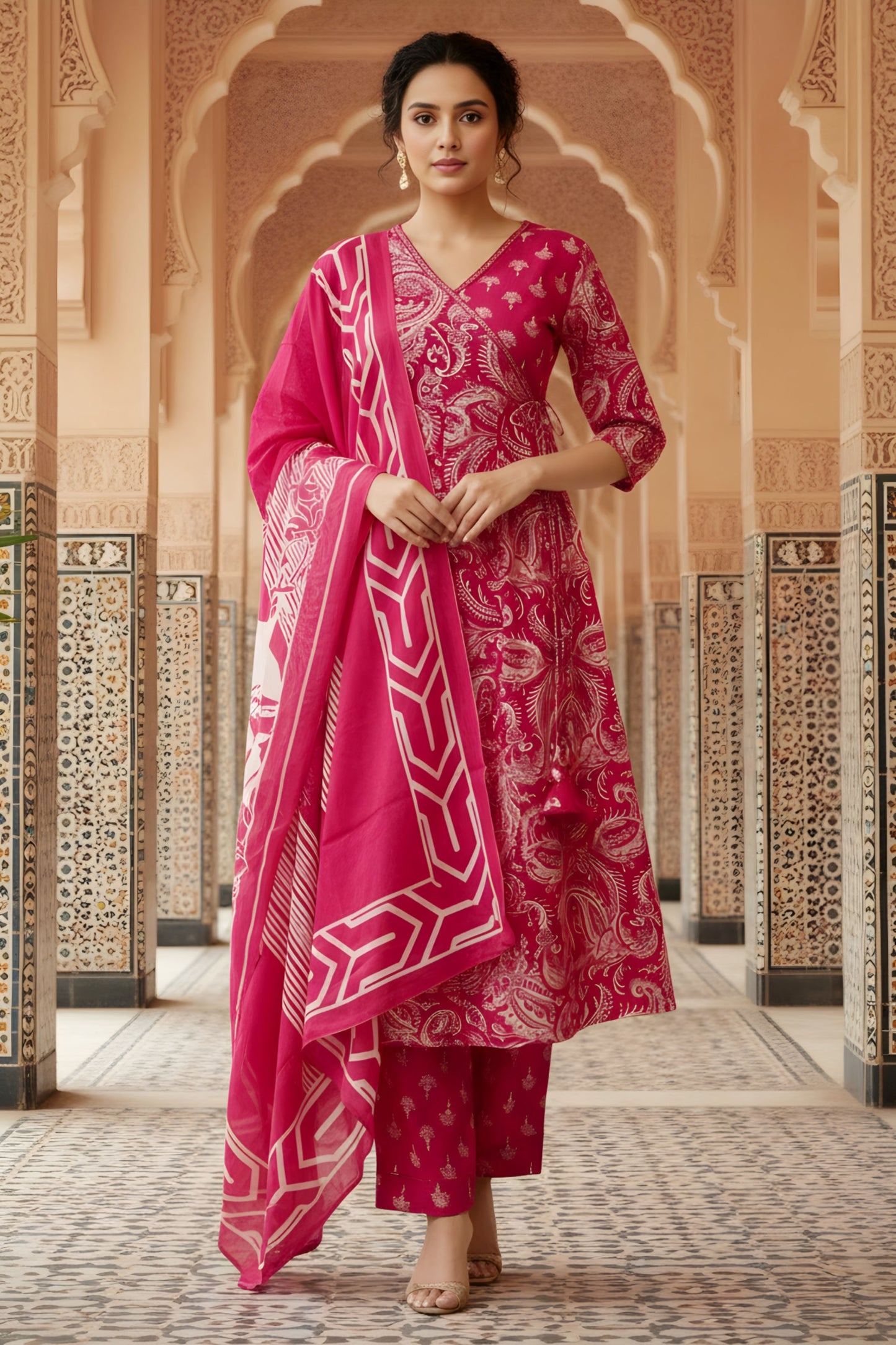 Pink Jaipuri Print Cotton Flared 3 Piece Suit Set with Dupatta for Women