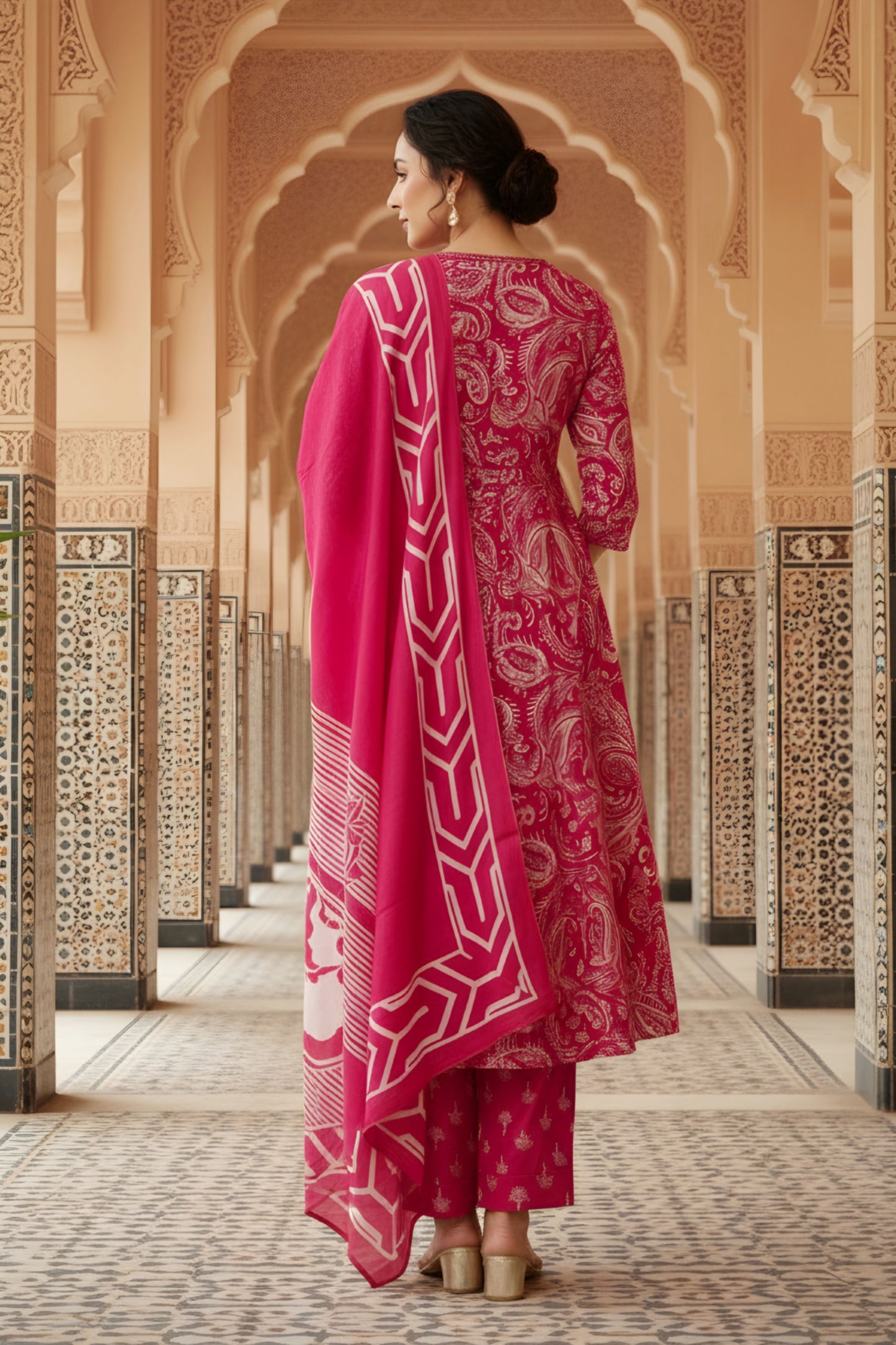 Pink Jaipuri Print Cotton Flared 3 Piece Suit Set with Dupatta for Women