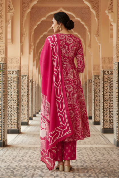 Pink Jaipuri Print Cotton Flared 3 Piece Suit Set with Dupatta for Women