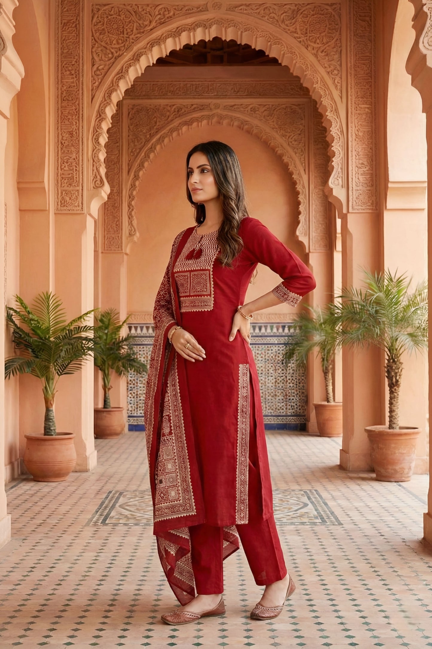Red Jaipuri Cotton Kurta Pant Dupatta Set With Printed Yoke And Dupatta