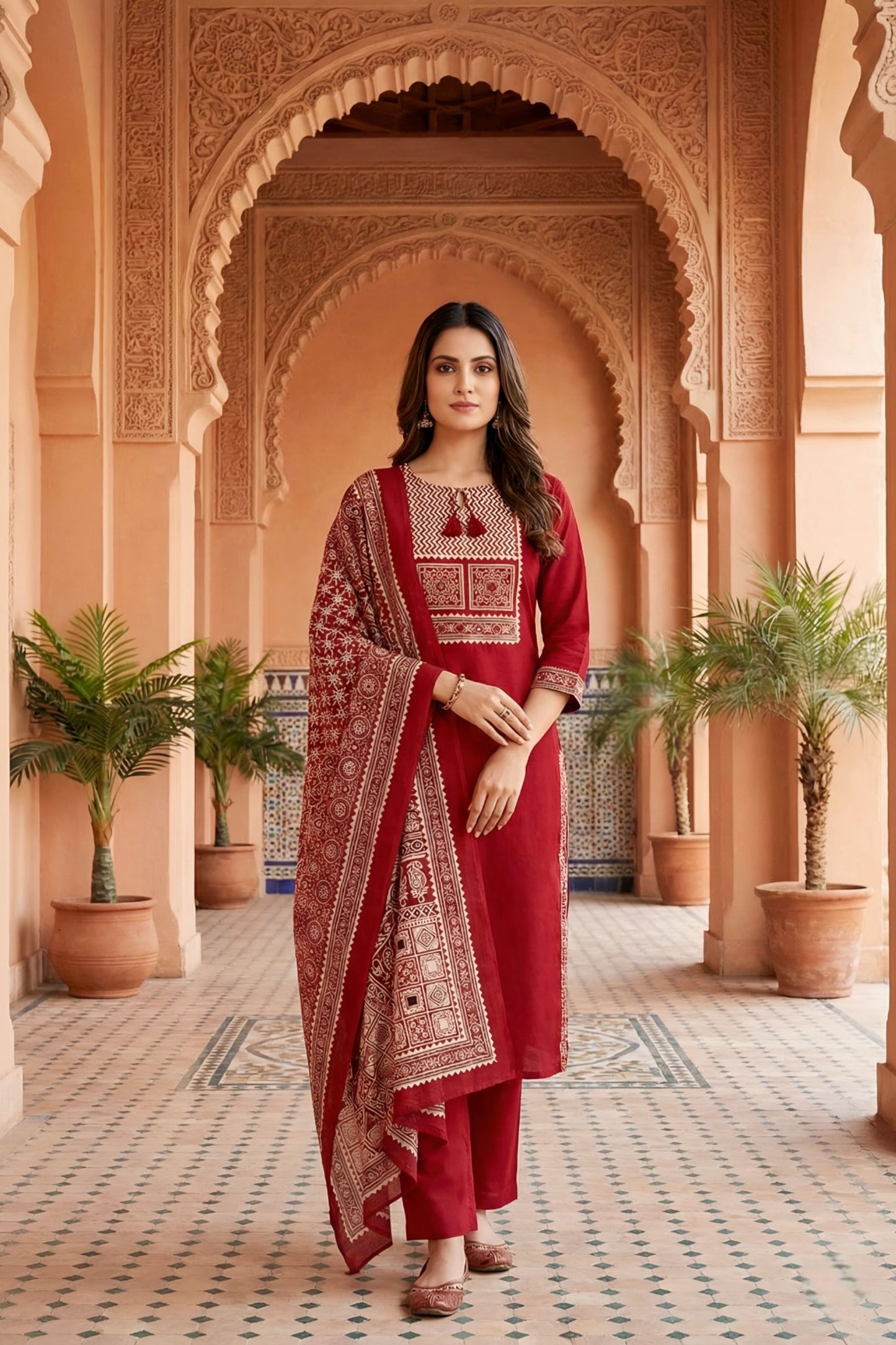 Red Jaipuri Cotton Kurta Pant Dupatta Set With Printed Yoke And Dupatta