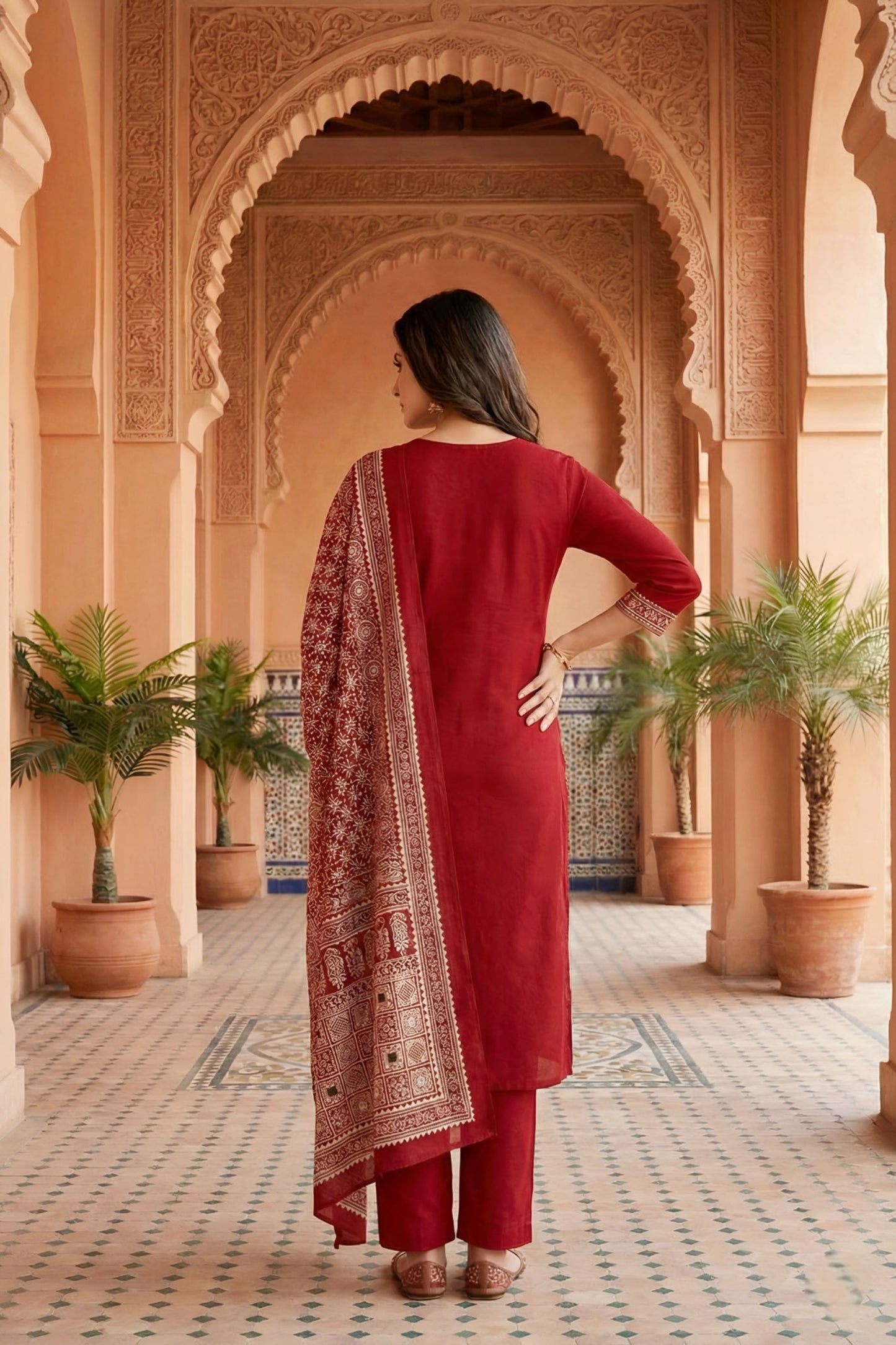 Red Jaipuri Cotton Kurta Pant Dupatta Set With Printed Yoke And Dupatta