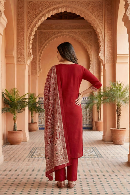 Red Jaipuri Cotton Kurta Pant Dupatta Set With Printed Yoke And Dupatta
