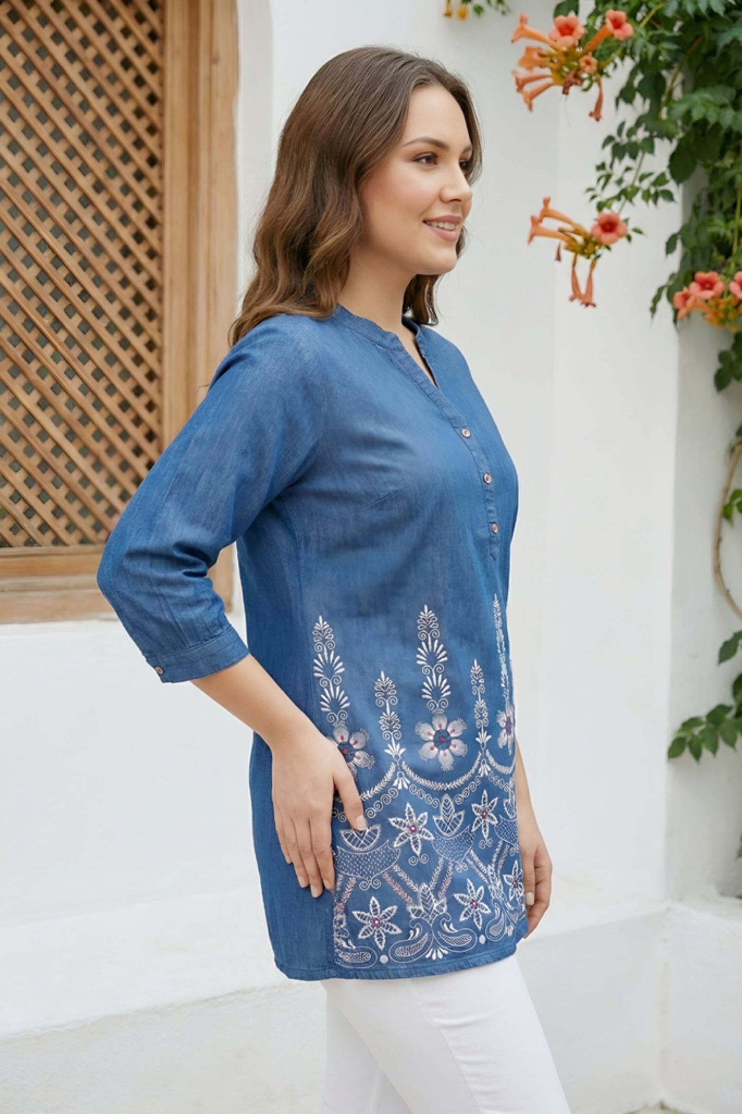Women Indo Western Denim Short Kurti With Ban Collar