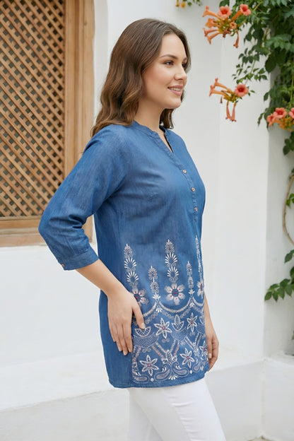 Women Indo Western Denim Short Kurti With Ban Collar