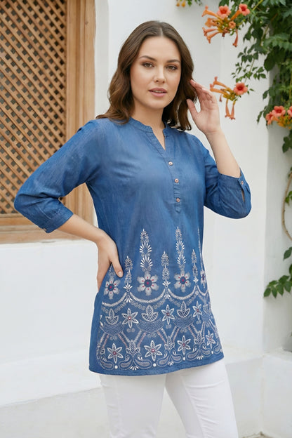 Women Indo Western Denim Short Kurti With Ban Collar