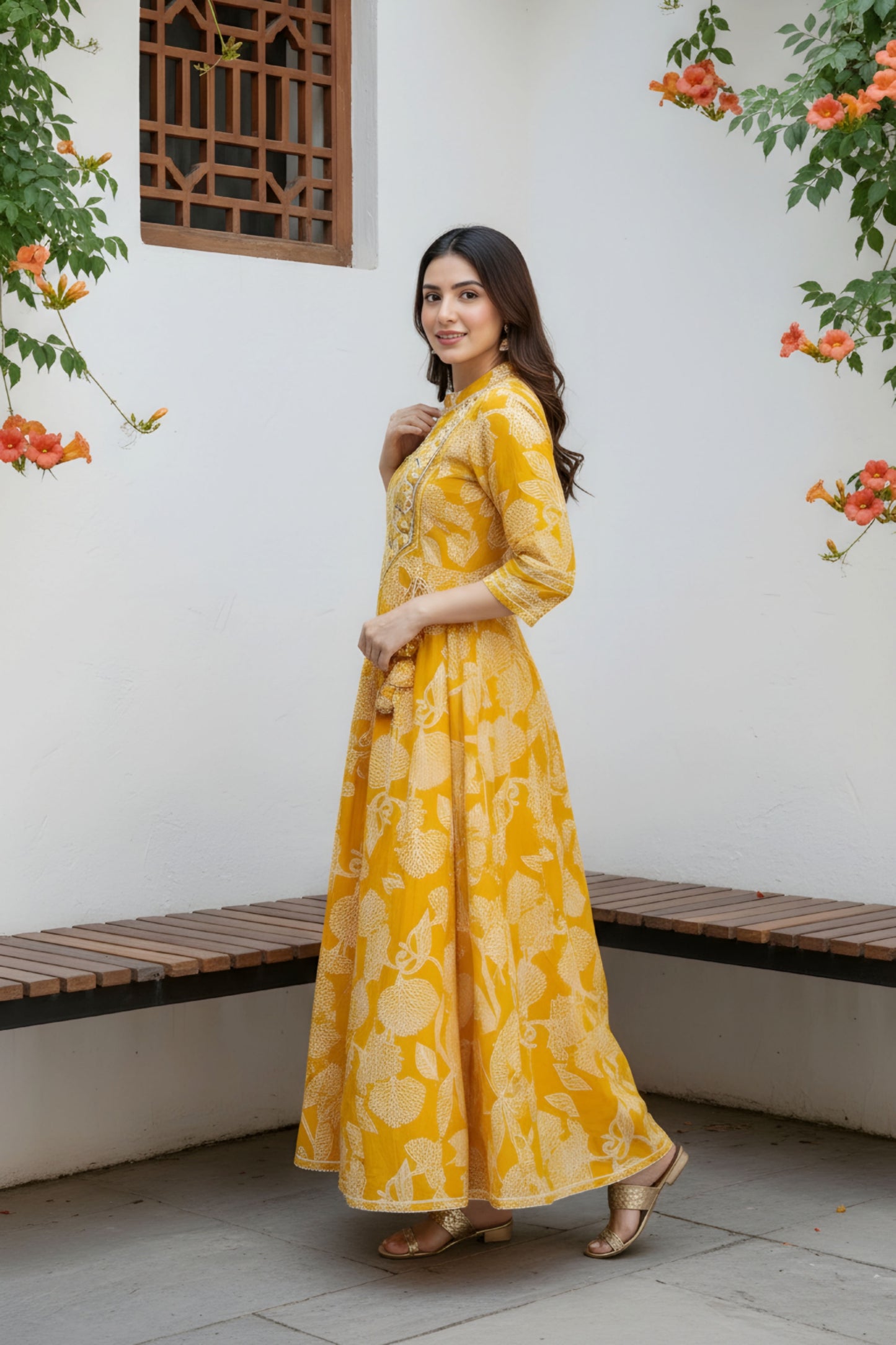 Yellow Jaipuri Cotton Anarkali With Embroidery Yoke and Tussles
