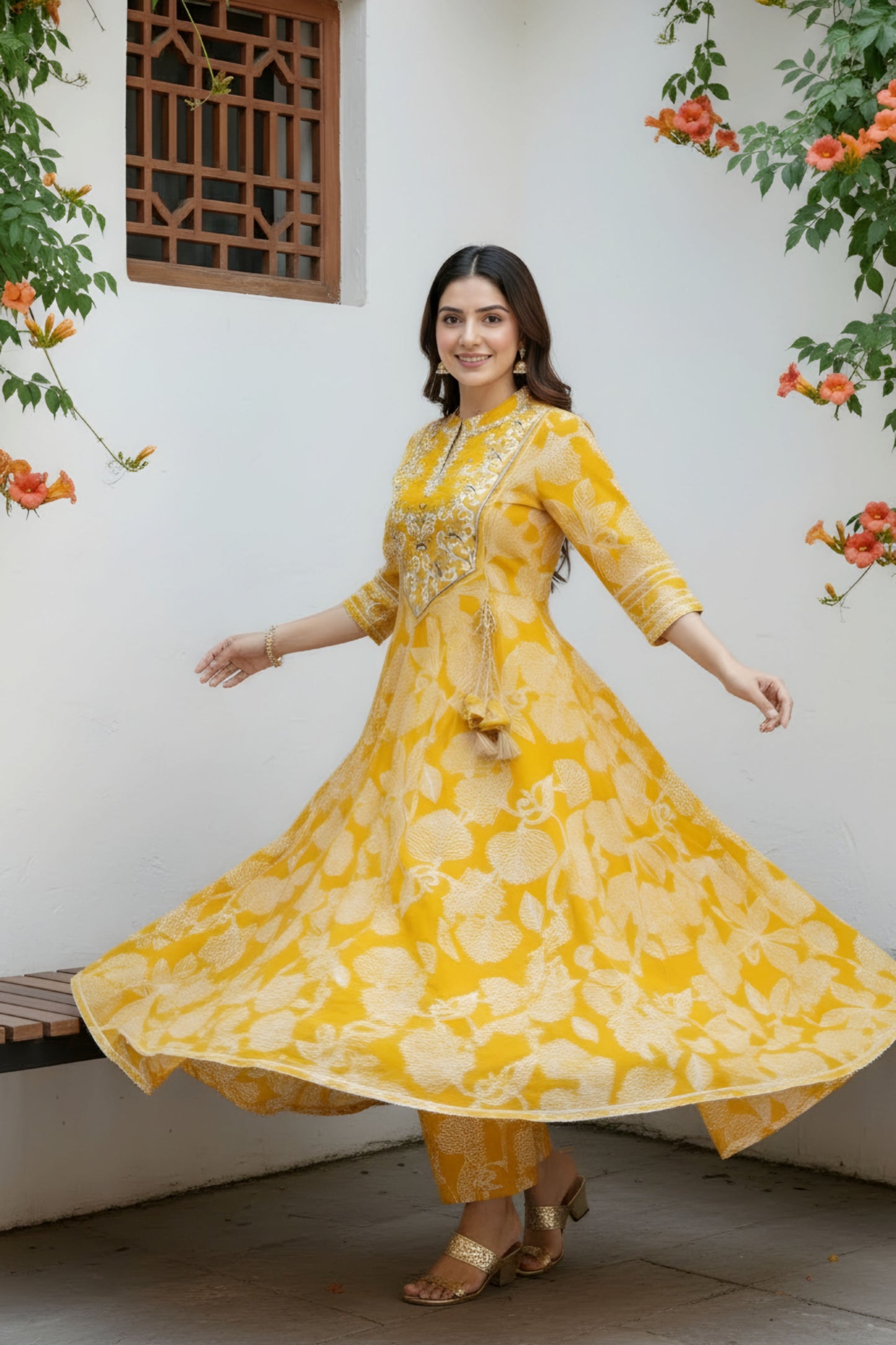 Yellow Jaipuri Cotton Anarkali With Embroidery Yoke and Tussles