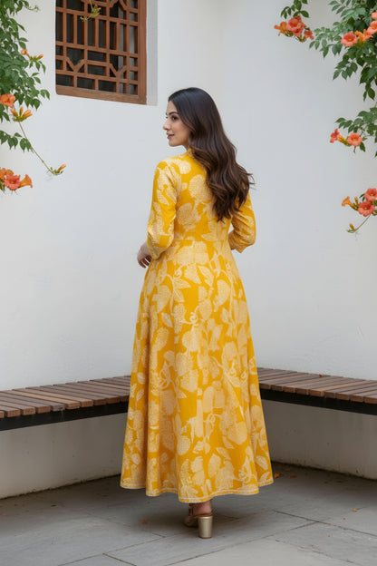 Yellow Jaipuri Cotton Anarkali With Embroidery Yoke and Tussles