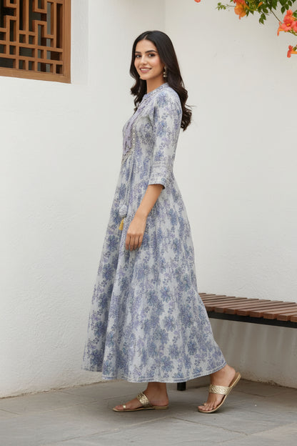 White Jaipuri Cotton Long Anarkali Gown With Embroidery Yoke and Tussles