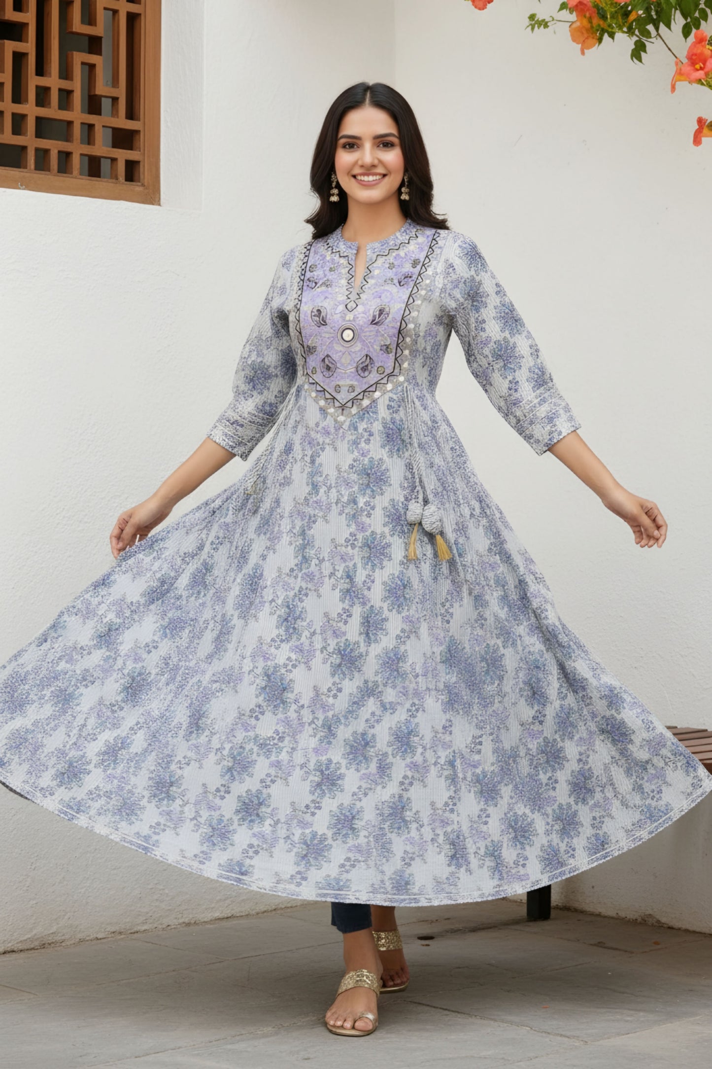 White Jaipuri Cotton Long Anarkali Gown With Embroidery Yoke and Tussles