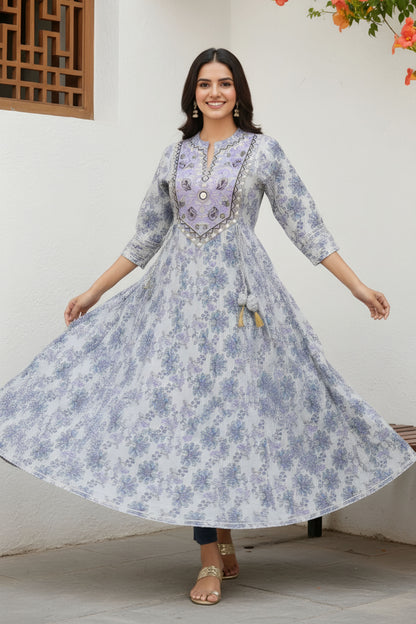White Jaipuri Cotton Long Anarkali Gown With Embroidery Yoke and Tussles