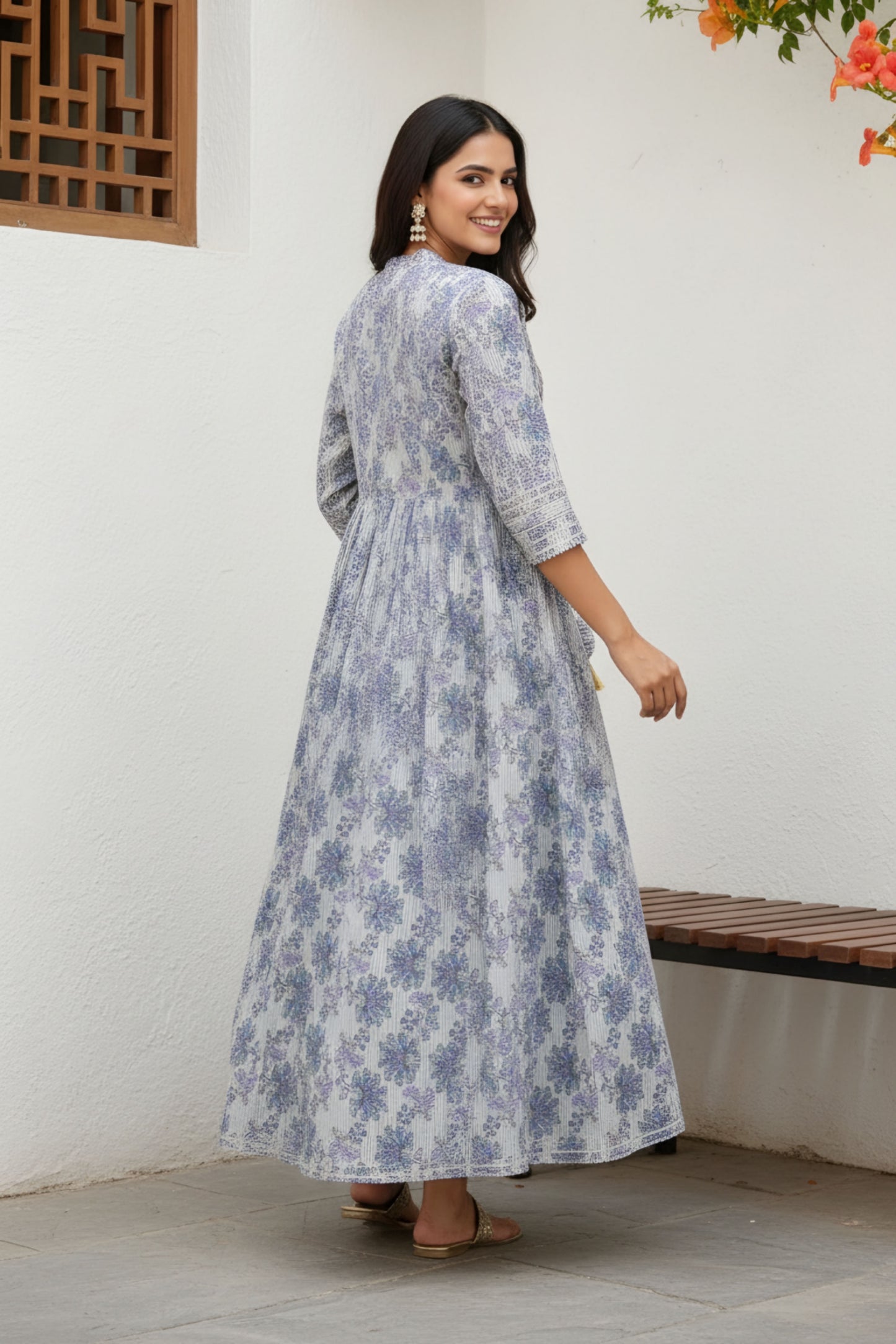 White Jaipuri Cotton Long Anarkali Gown With Embroidery Yoke and Tussles