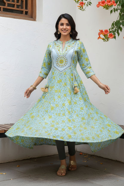 Light Blue Long Anarkali Gown With Embroidery Yoke And Tussles