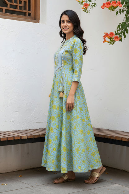 Light Blue Long Anarkali Gown With Embroidery Yoke And Tussles