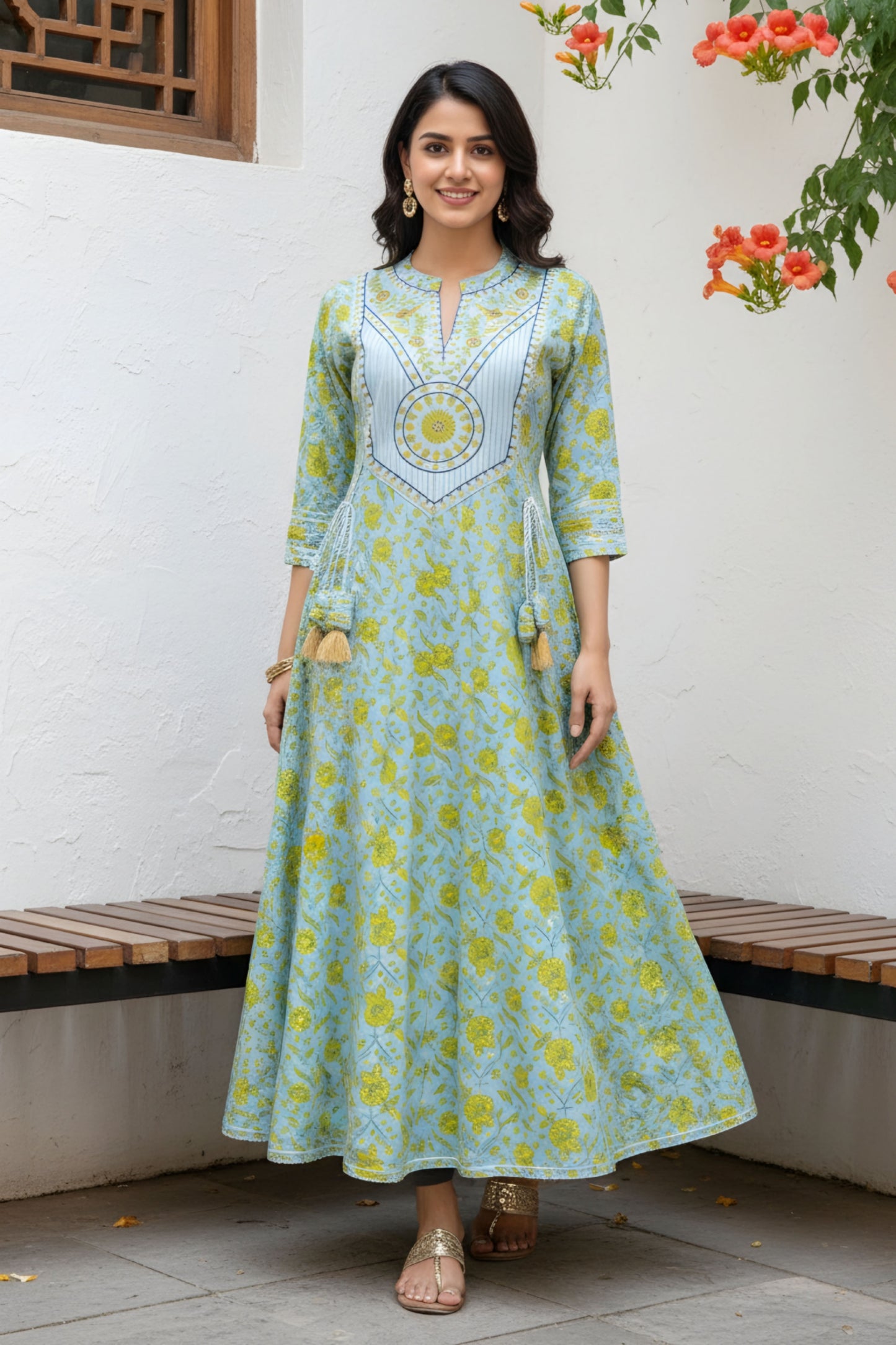 Light Blue Long Anarkali Gown With Embroidery Yoke And Tussles