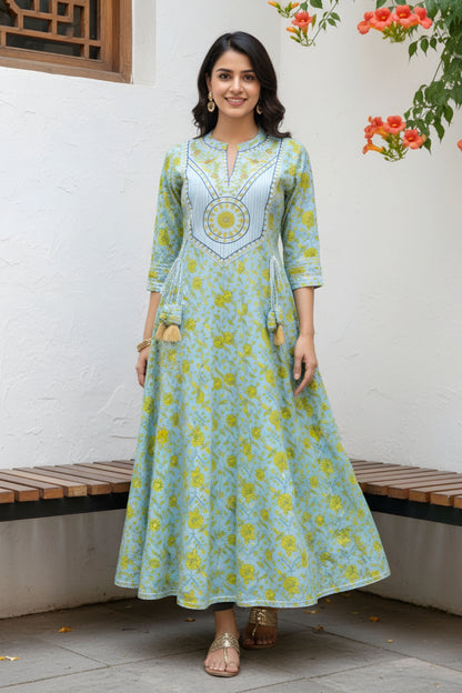 Light Blue Long Anarkali Gown With Embroidery Yoke And Tussles
