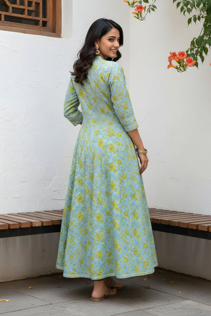 Light Blue Long Anarkali Gown With Embroidery Yoke And Tussles