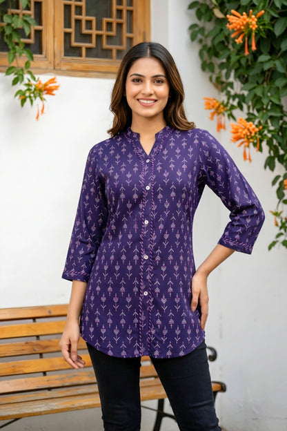 Dark Blue Printed Rayon Kurti Top for Women with Front Placket Design