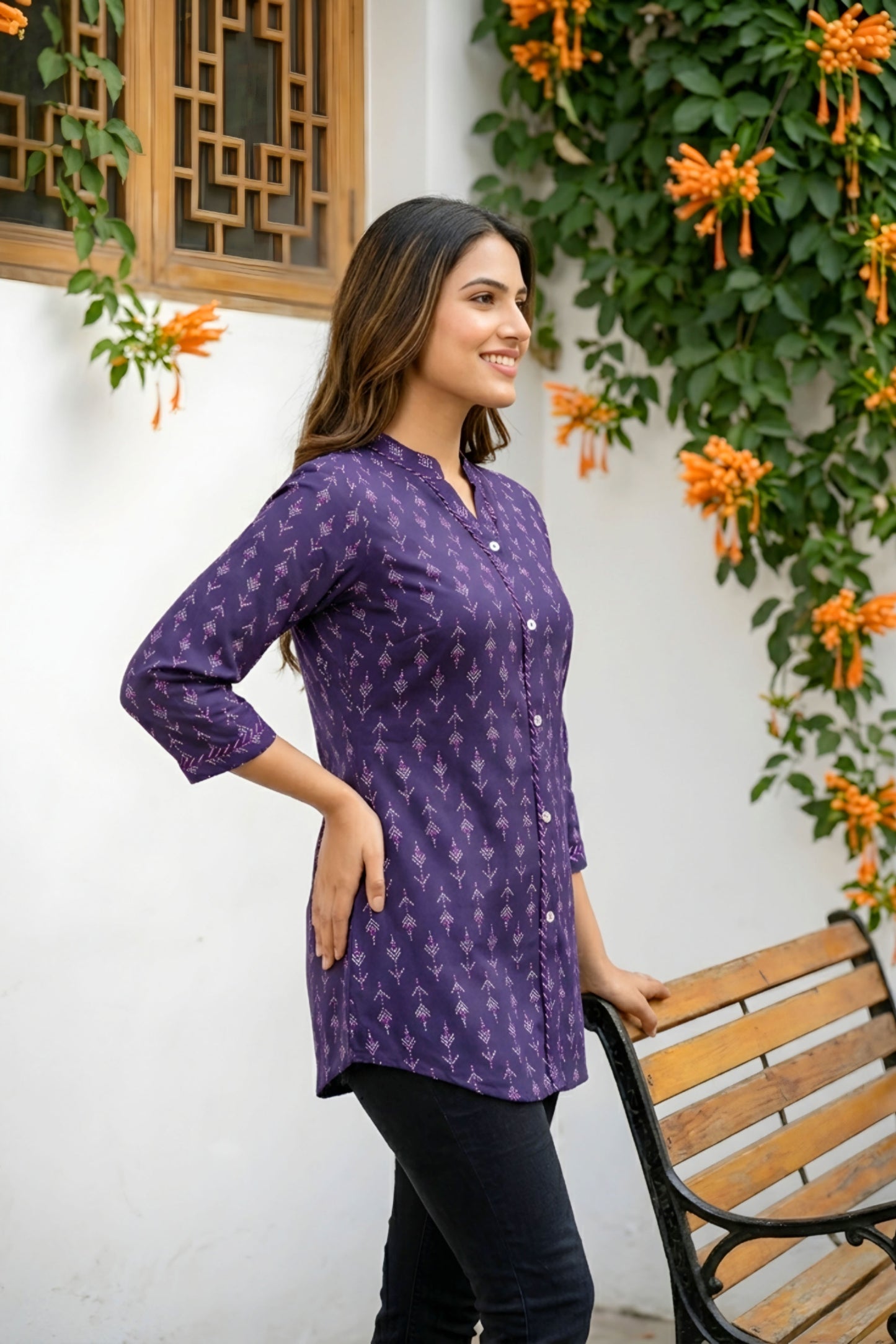 Dark Blue Printed Rayon Kurti Top for Women with Front Placket Design