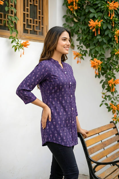 Dark Blue Printed Rayon Kurti Top for Women with Front Placket Design