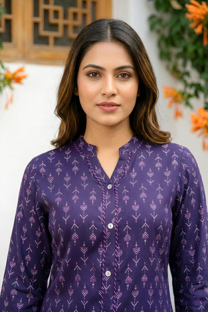 Dark Blue Printed Rayon Kurti Top for Women with Front Placket Design