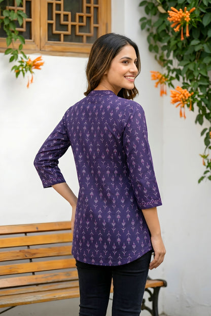 Dark Blue Printed Rayon Kurti Top for Women with Front Placket Design