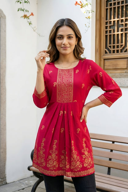 Cherry Red Rayon Flared Short Kurti with Pearl Gold Print For Women