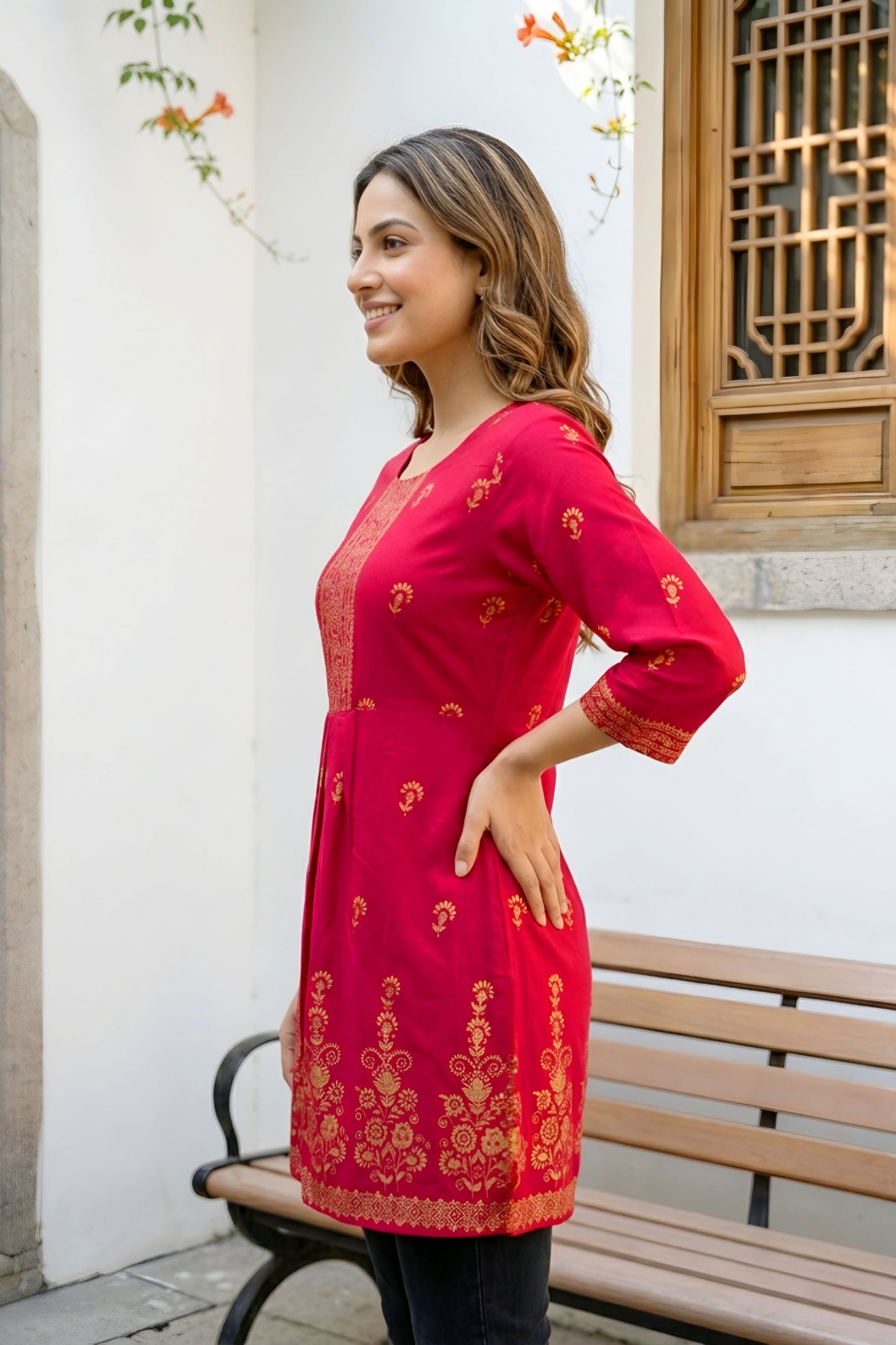 Cherry Red Rayon Flared Short Kurti with Pearl Gold Print For Women